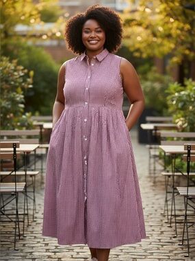 Talbots Dress Size 12 Fuchsia Gingham Sleeveless Button Front Fit Flare